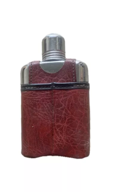 Noymer 6" VINTAGE HIP FLASK GLASS GENUINE RED LEATHER SHOT CUP STAINLESS STEEL