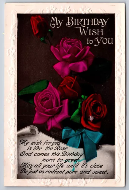 Greetings~My Birthday Wish To You~Pink & Red Roses In Frame~Emb~Vintage Postcard