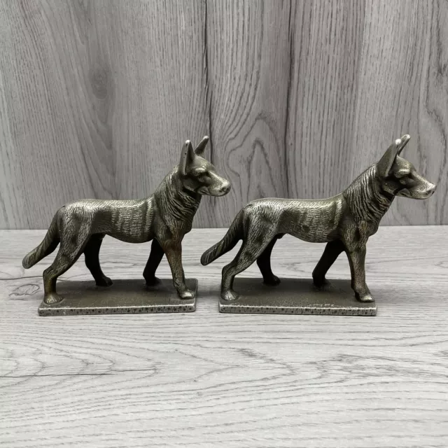 Vintage Antique Cast Iron Brass Metal German Shepherd Book Ends Heavy Very Nice