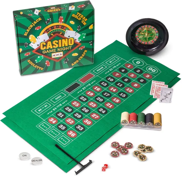 Casino Night 4-In-1 Complete Game Set with Felts, Wheel, 100 Chips, Dice & Cards