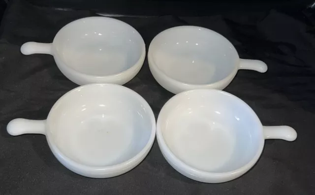 Set of 4 Glasbake White Handled Bowls Textured Milk Lug Handle Soup-Chili