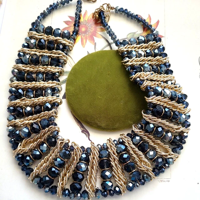 Vintage Gold Tone Black Glass Faceted Beads Bib Necklace 18"l