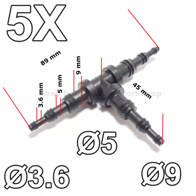 5x 3,6 MM, 5mm, 9mm Pièce en T Réduire Tuyau Tube Connecteurs Air Eau Visserie