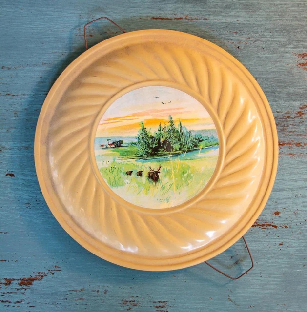 Vintage Stove Pipe Flue Cover Country Scene Deer Elk Meadow Farm 9.5" Round