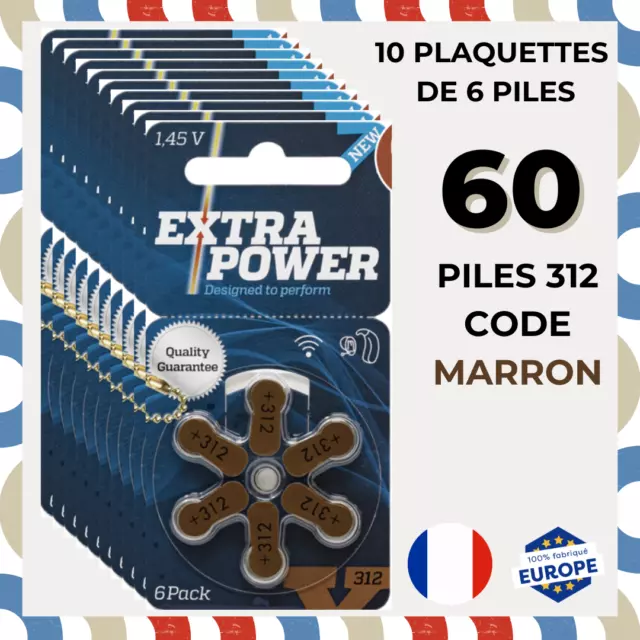 Piles auditives Extra Power taille 312  PR41 - lot de 60 piles -  couleur Marron