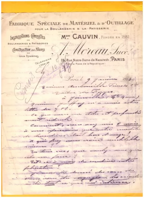PARIS (III°) MATERIEL & OUTILLAGE pour BOULANGERIE "CAUVIN / A. MOREAU" en 1913