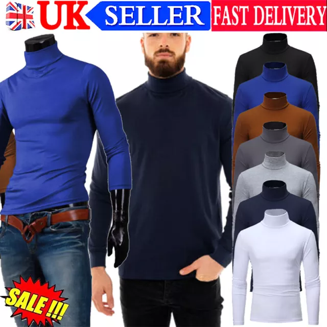 Men Roll Neck Jumper Lightweight Baselayer T-Shirt Top Turtle High Polo Neck UK