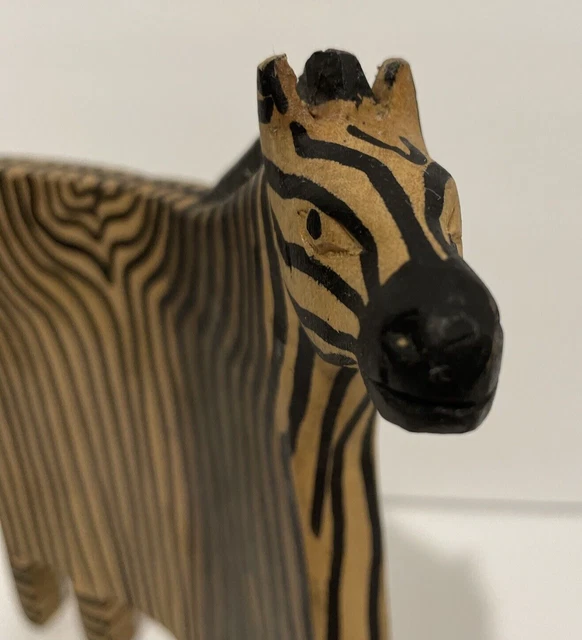 8 Inch Wooden Zebra Figurine Free Standing Black Stripes Hand Made High Quality