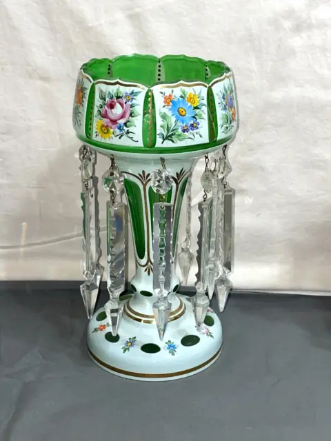 Czechoslovakia BOHEMIAN CASED Cut Green glass PEDESTAL Mantle LUSTRE Prism vase