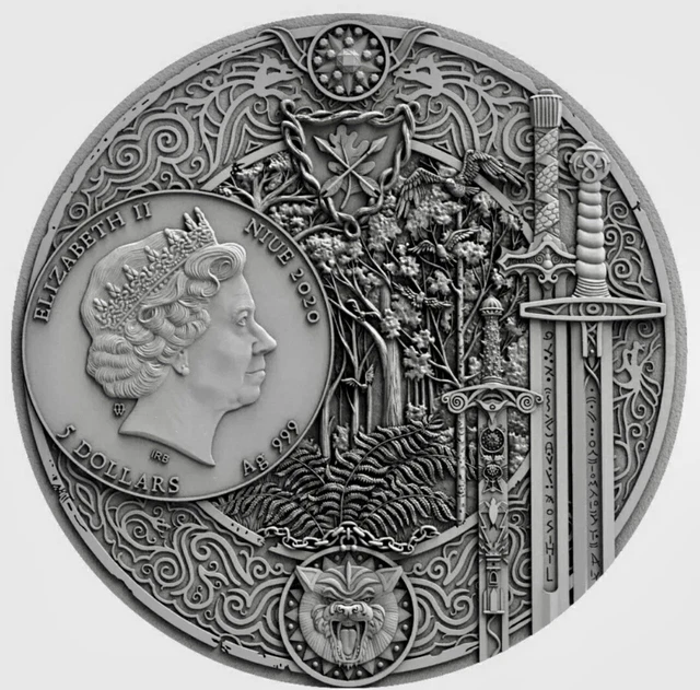 2020 2 Oz Silver $5 Niue SWORD OF DESTINY The Witcher Antique Finish Coin. 2