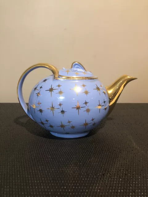 Vintage 1950 Hall Periwinkle Blue & Gold Atomic Starburst Teapot 6 Cup 079gL