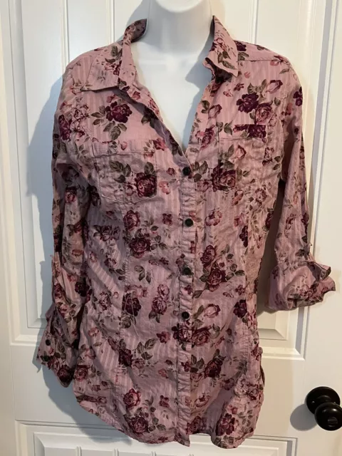 MAURICES floral button pocket roll tab sleeve  3/4 Or Full Length, Blouse Size M