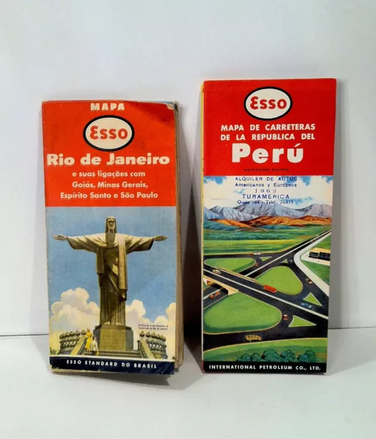 Vintage 1954 Esso Oil Rio De Janeiro & 1958 Peru Road Map Advertising Sign RARE