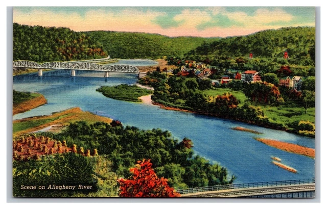 Franklin PA Scene on Allegheny River, Bridge Aerial View Unposted Linen Postcard
