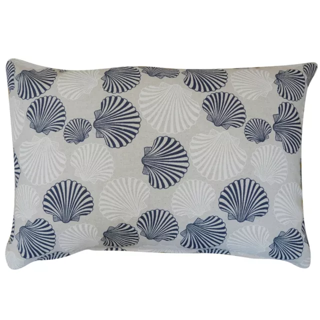 Linen Effect Nautical Seashells Boudoir Cushion. Marine Blue. 17x12" Rectangle.