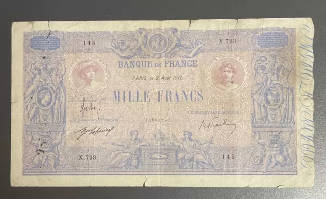 Beau billet de 1000 Francs Bleu et Rose type 1889, le 2 Août 1912. TB