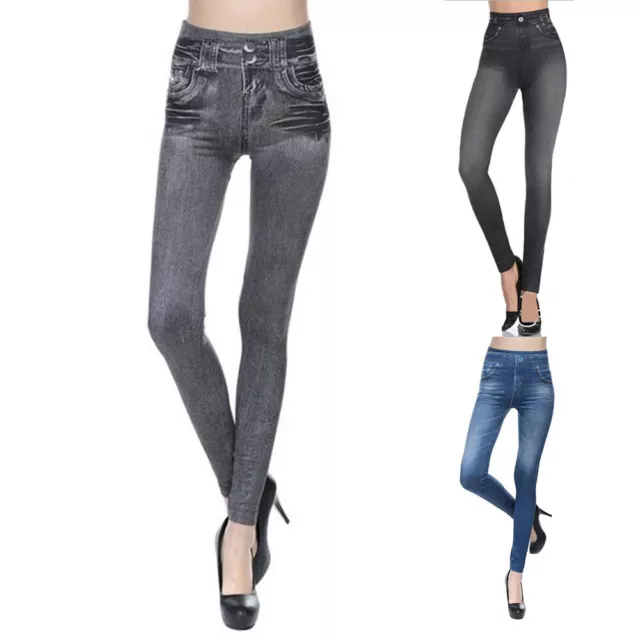 Womens High Waist Stretchy Denim Look Jeggings Lady Skinny Leggings Jeans Pants