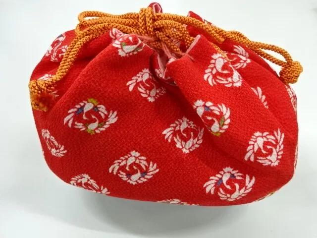 6431490: Japanese Kimono / Vintage Drawstring Bag / Bamboo Basket / Cranes