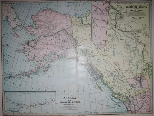 Old 1906 Atlas Map ~ TERRITORY of ALASKA - KLONDIKE / GOLD REGION ~ Free S&H