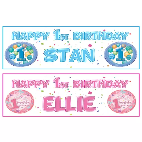 2 PERSONALISED HAPPY 1st BIRTHDAY BANNERS - BOY OR GIRL - BLUE OR PINK