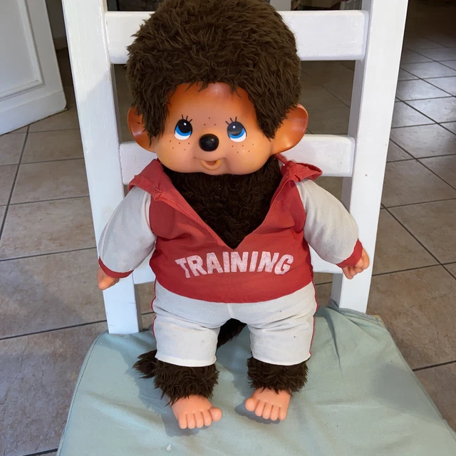 Peluche singe KIKI LE VRAI AJENA yeux bleus signé sous le pied 30 c