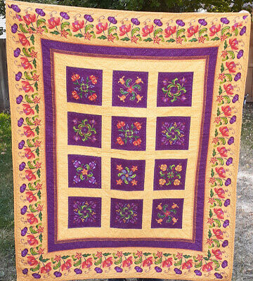 Handmade Machine Quilted Napping Quilt Purple & Yellow Floral Rings 56" x 46"