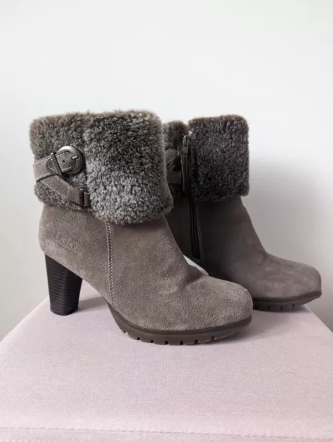 UGG Dandylion Brown Leather Cuffed Sheepskin Heeled Ankle Boots UK 7(?)