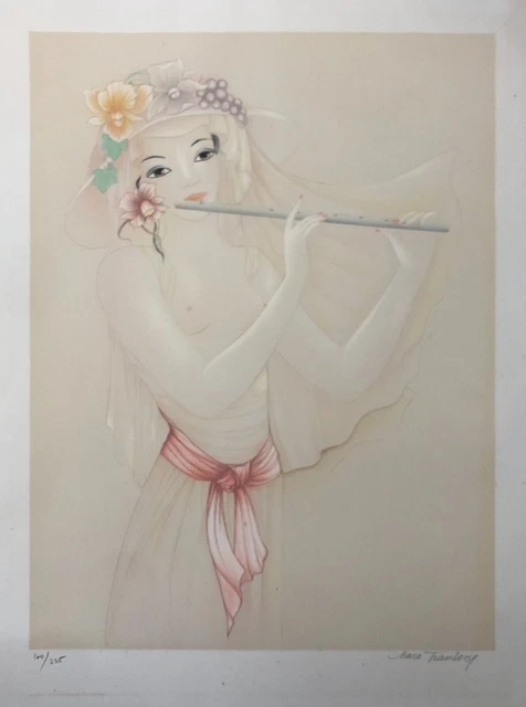 Lithographie ancienne signée Mara Tran-long, Numérotée, Femme à la flute, XXe