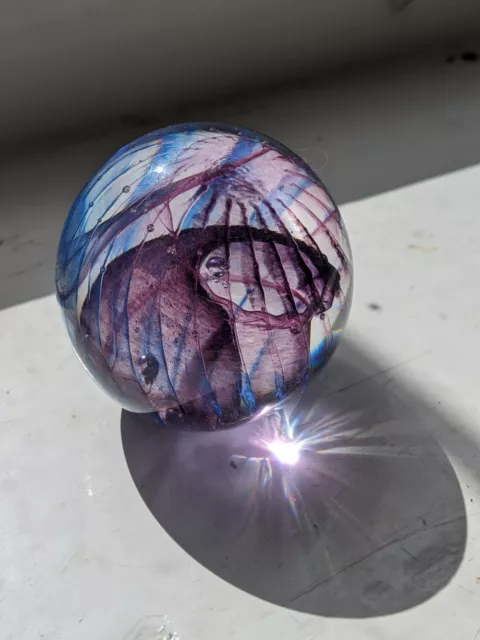 Isle Of Wight Studio Glass Paperweight: Purple Blue with Swirl, Original Sticker