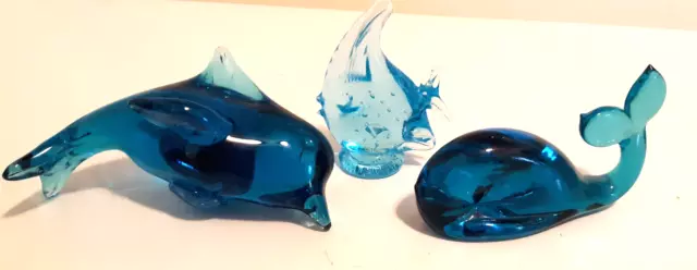 3 pcs Beautiful Blue Glass Sea Animal Figures_Dolphin,Whale,Fish_4"-6" excl cond