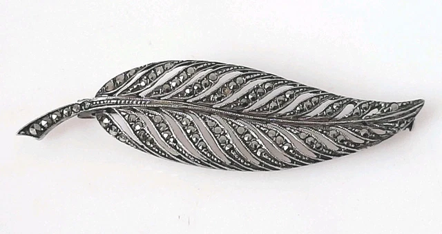 Broche Vintage Feuille Argent & Marcassites - Bijou Ancien De Collection