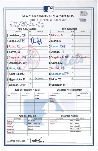 Game Used Aaron Judge Yankees Lineup Card