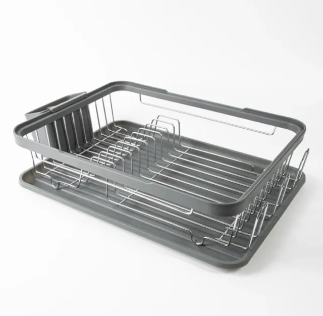 Anika Kitchen Dish Drainer Rack with Plastic Drip Tray Cutlery Holder Grey