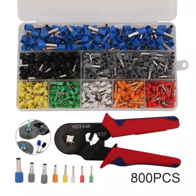 800Pcs Crimp Tool W/ Bootlace Ferrule Crimper Plier Wire Terminal Connector Set