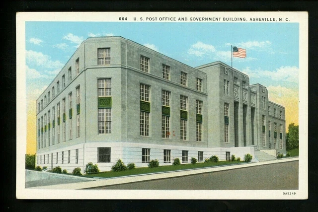 North Carolina NC postcard Asheville, US Post Office & Government Bldg Teich