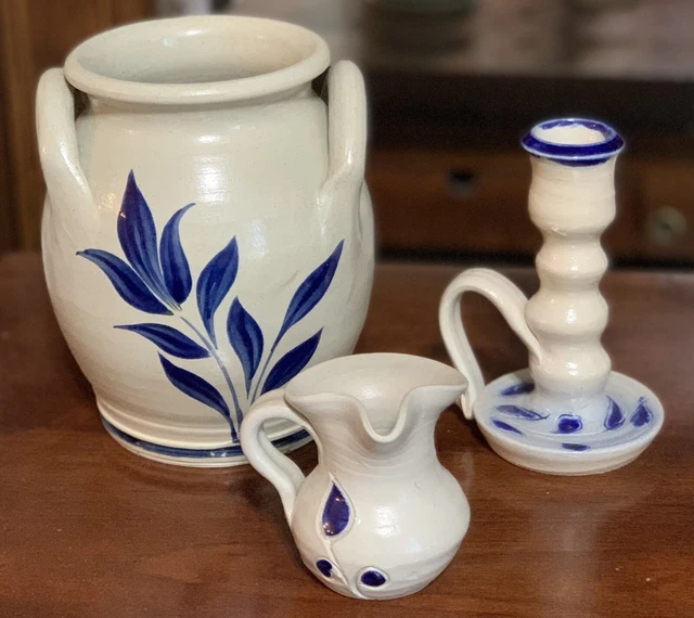 Williamsburg Pottery 3 Piece Lot Colbalt Blue Salt Glaze Vase Pitcher Candlstck