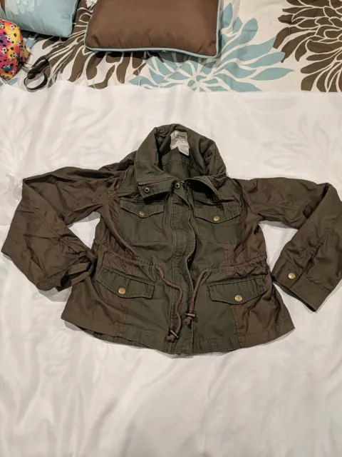 American Rag Cie Utility Jacket Women's Medium Olive Green Full Zip Roll Tab