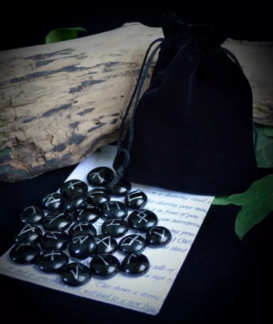 25 GLASS RUNE STONES & Velvet BAG Wicca Pagan Witchcraft Runes Divination