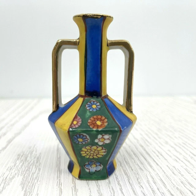 Vintage Meiko China Occupied Japan Miniature Double Handled Vase Bright Painted