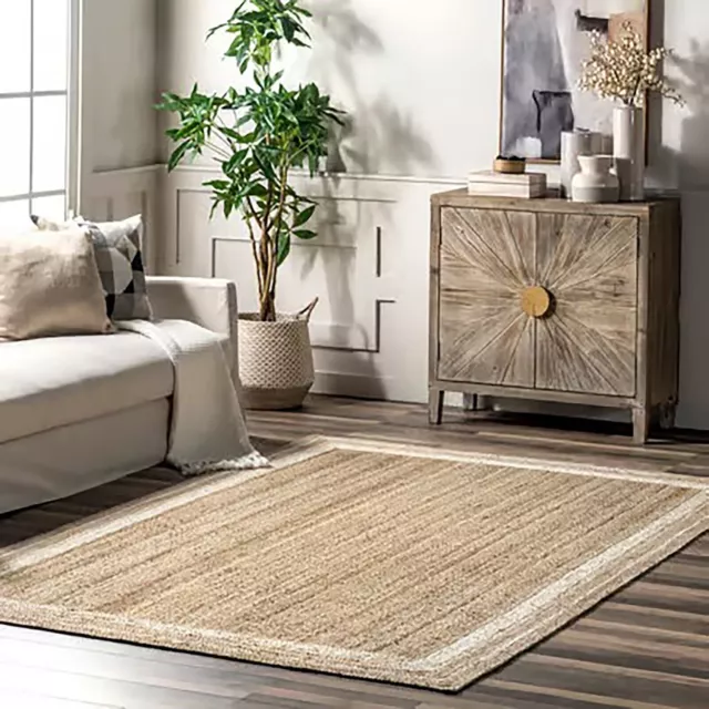 Area Rug Natural Jute Handmade Braided Carpet with White Strip Modern Runner Rug 3
