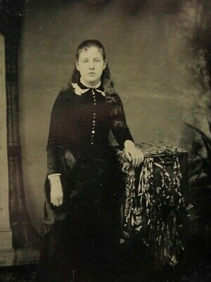 Antique Tintype Pretty Young Woman Girl W Victorian Dress Standing Portrait T40