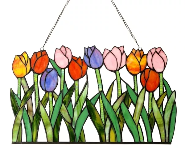 Tiffany Style Stained Cut Glass Window Panel Multi-Color Tulip Floral Design NEW