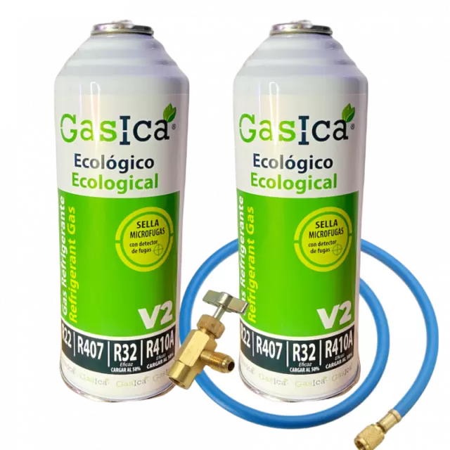 2 Envases Gas Ecologico Refrigerante V2 Sustituto R22/R407C/R410A + Valvula + Ma