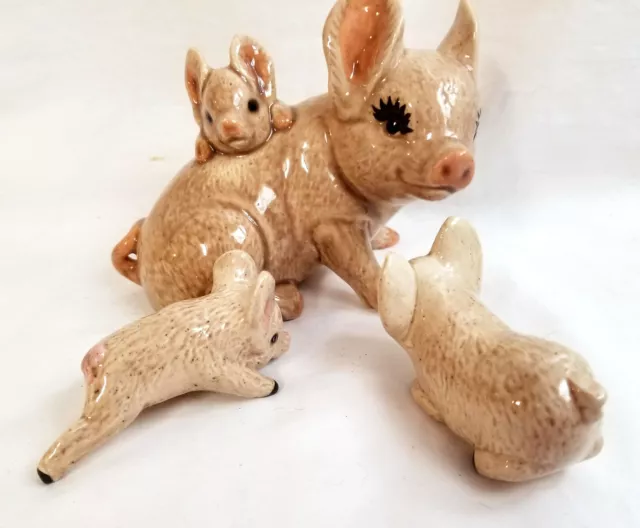 Ceramic Mom Pig Hog Sow & Baby Piglets Figurine Statue Figure Handpainted