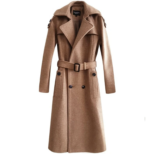 Men Woolen Overcoat Jacket Trench coat Double breasted Lapel Long sleeve Fall