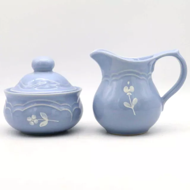 Vintage Pfaltzgraff Floral Flower Bouquet Gazebo Blue Creamer & Sugar Bowl & Lid