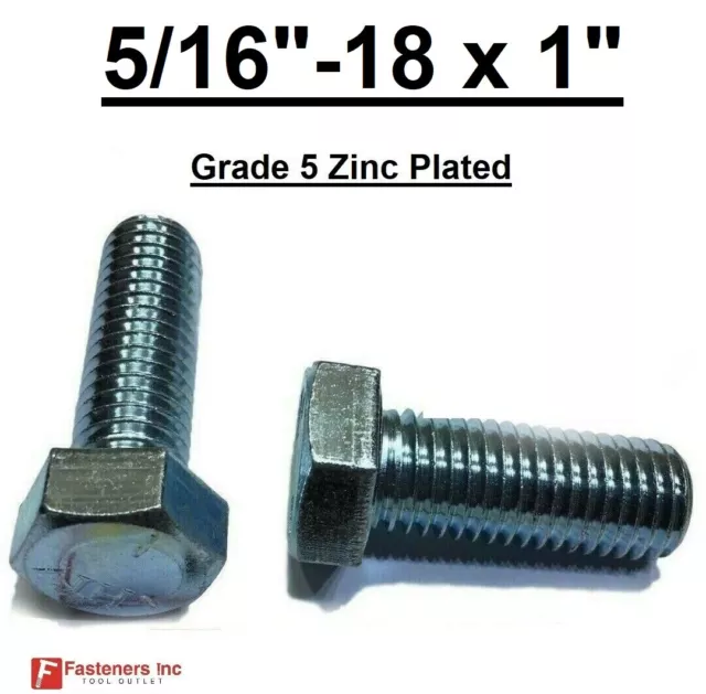 5/16-18 x 1" (FT) Hex Bolt Zinc Plated Grade 5 Cap Screw Coarse Thread