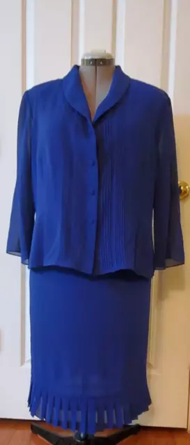 Danny & Nicole 2PC Royal Blue Sheer Chiffon Skirt Suit 3/4 Sleeve Size 18