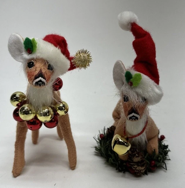 Annalee Reindeer Set Holiday Fawn Deer Red Hat Wreath Christmas Balls Plush 2008