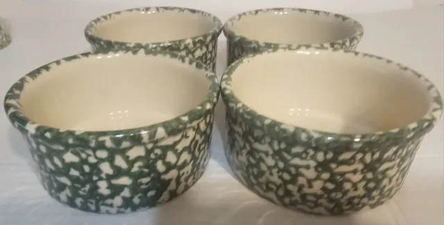 4  Roseville Pottery Green Spongeware Soup Cereal Bowls